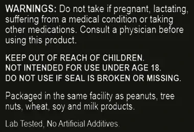 The warnings and allergen text on the HoneyBoost label