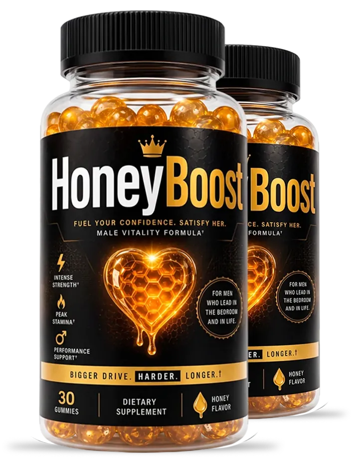 2 HoneyBoost gummy bottles with black and gold labels