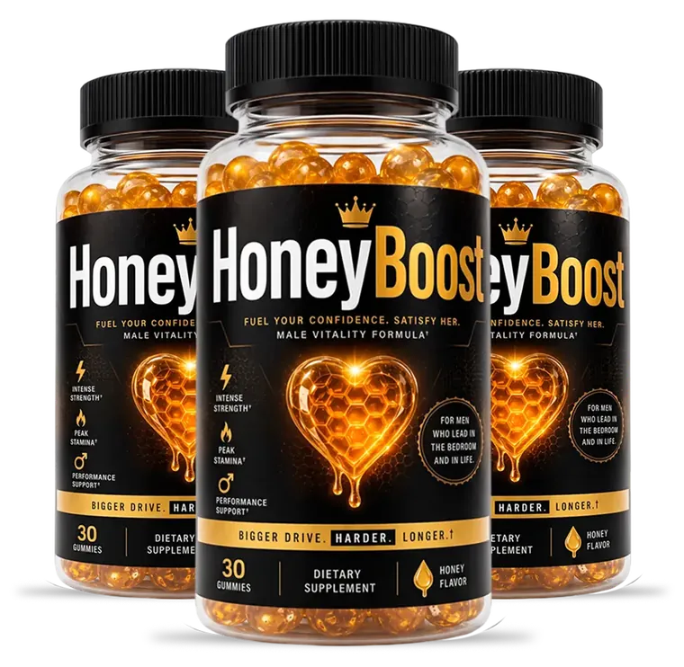 3 HoneyBoost gummy bottles with black and gold labels