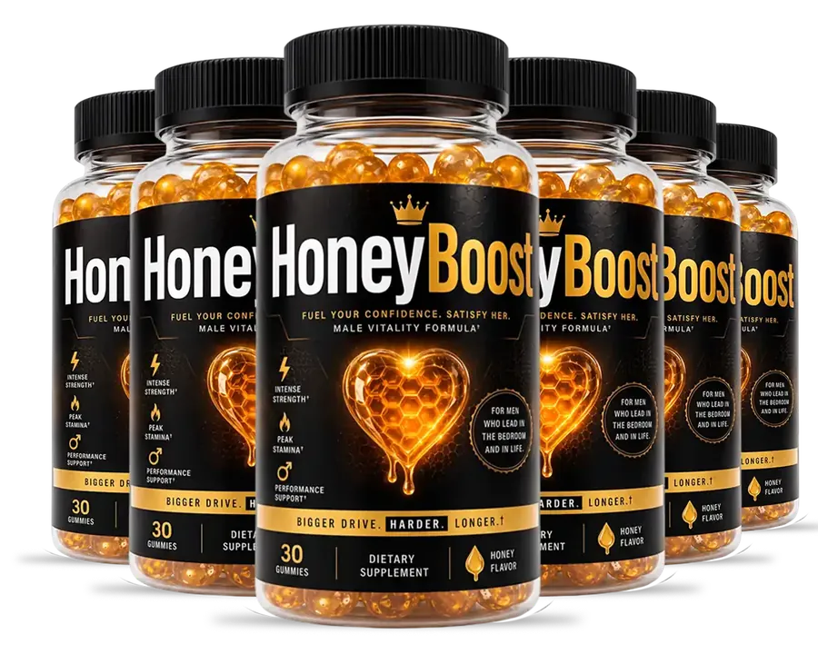 6 HoneyBoost gummy bottles with black and gold labels
