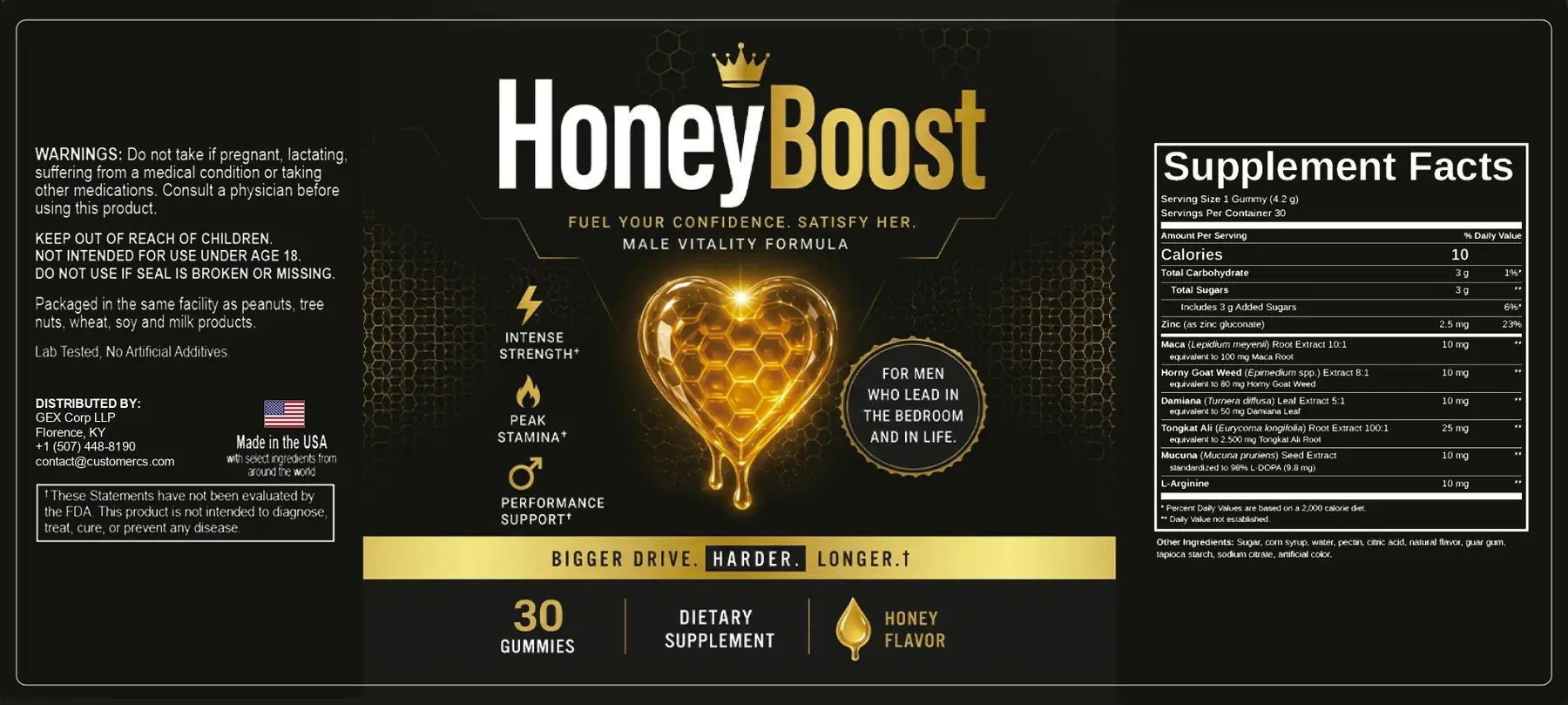 The flat HoneyBoost label showing the front, Supplement Facts and distributor